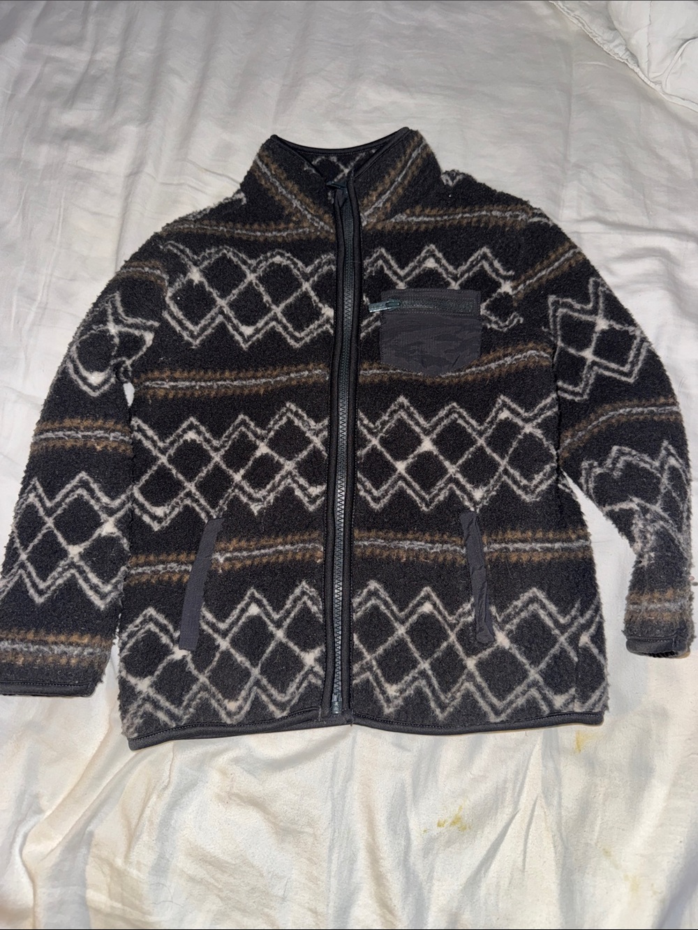 Kids Sherpa Black Patterned Zip-Up Fleece Jacket